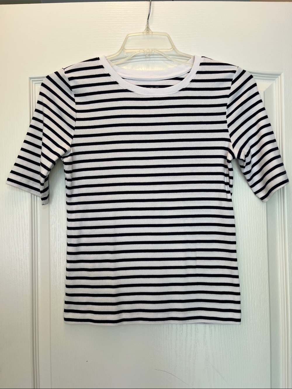 LOFT Navy and White Striped Elbow Sleeve Tee
